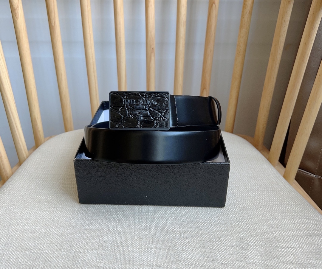 プラダ「Prada」ミックスレザーベルト サフィアーノ＆クロコダイル100CM