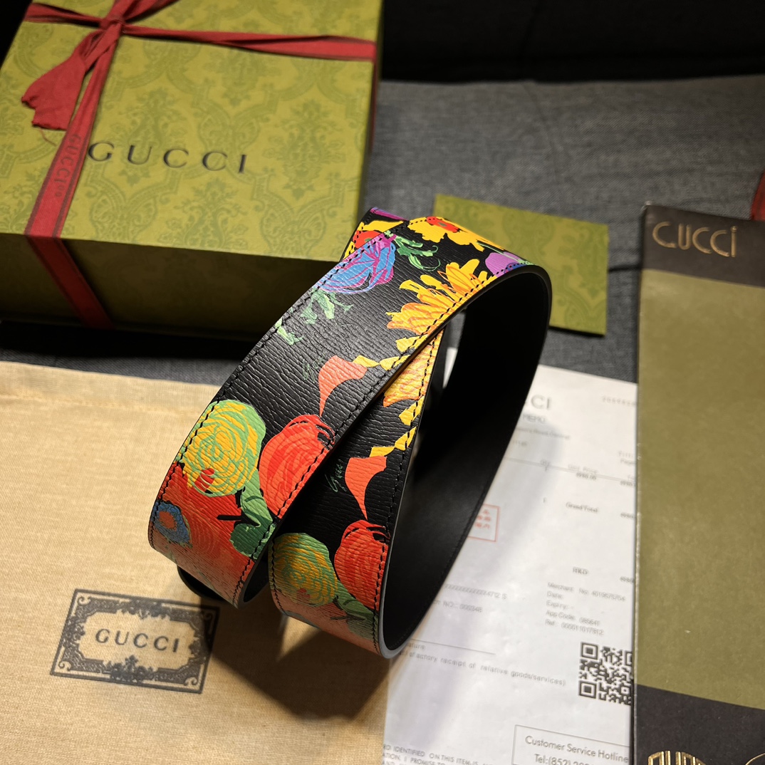 グッチ「Gucci」Ken Scott フローラル プリント GGバックル レザー ベルト100CM