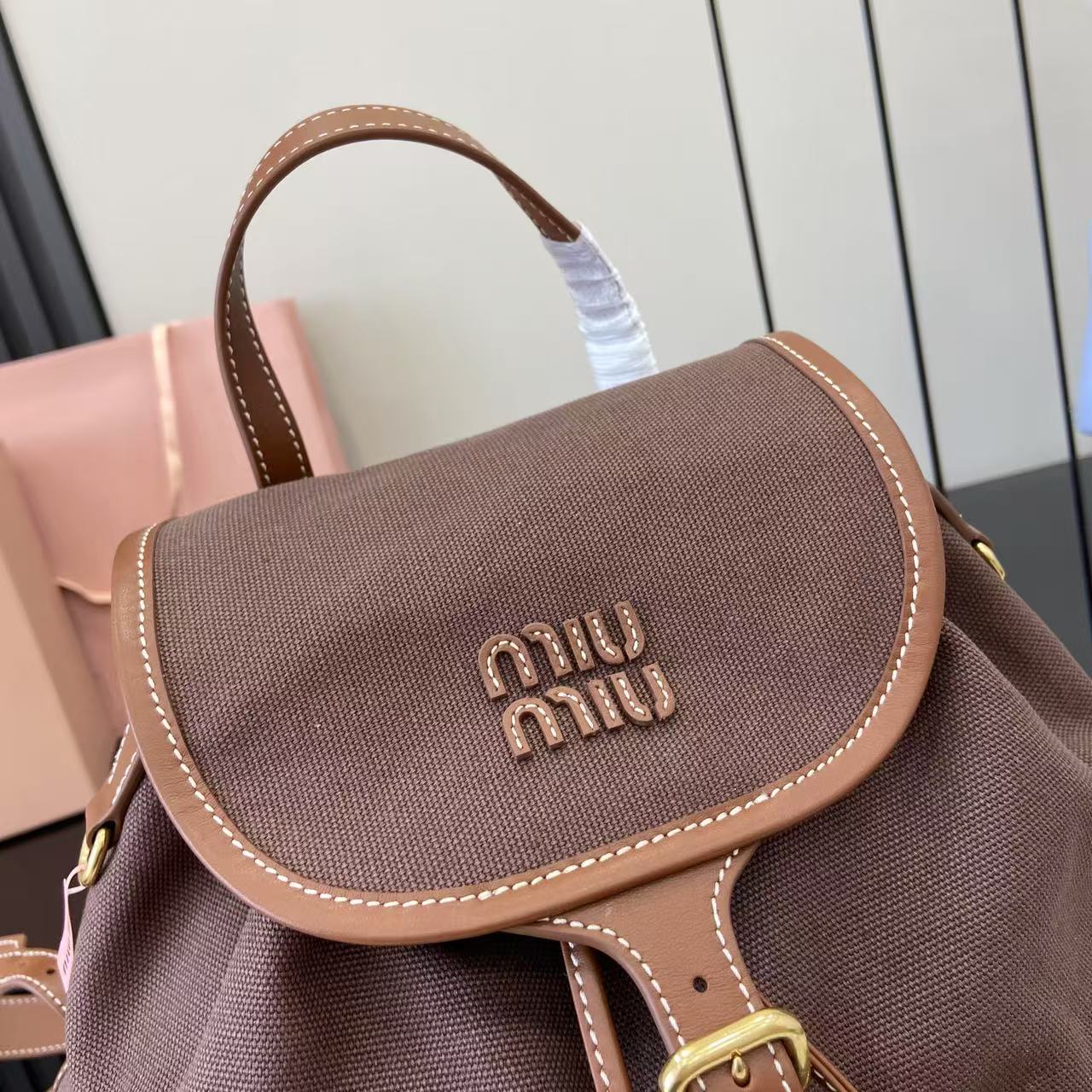 ミュウミュウ「Miu Miu」バックパック レザー＆キャンバス デュアルストラップ ショルダーバッグ