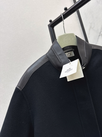 エルメス「Hermès」レザーパネル スタンドカラー ジャケット