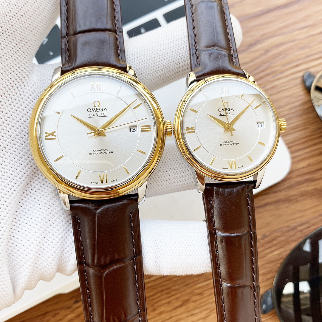 オメガ「Omega」デビル プレステージ カップルウォッチ メンズ39.5MM＆レディース32.7MM スチール＆レザーストラップ