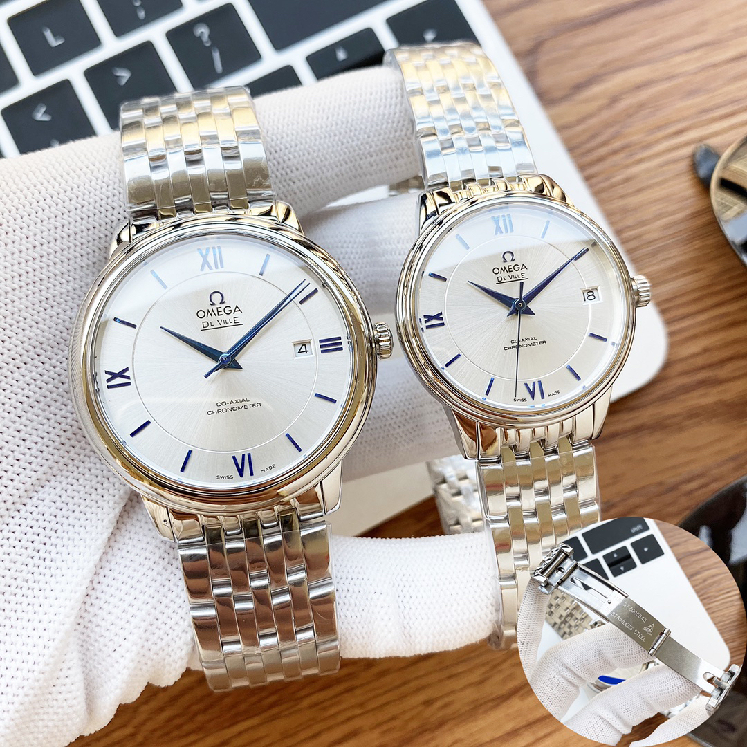 オメガ「Omega」デビル プレステージ カップルウォッチ メンズ39.5MM＆レディース32.7MM スチール＆レザーストラップ
