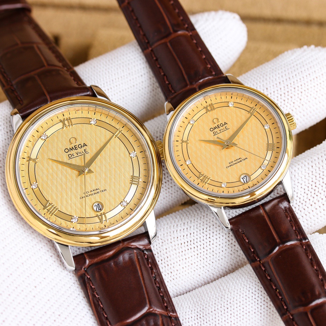 オメガ「Omega」デビル プレステージ カップルウォッチ メンズ39.5MM＆レディース32.7MM スチール＆レザーストラップ