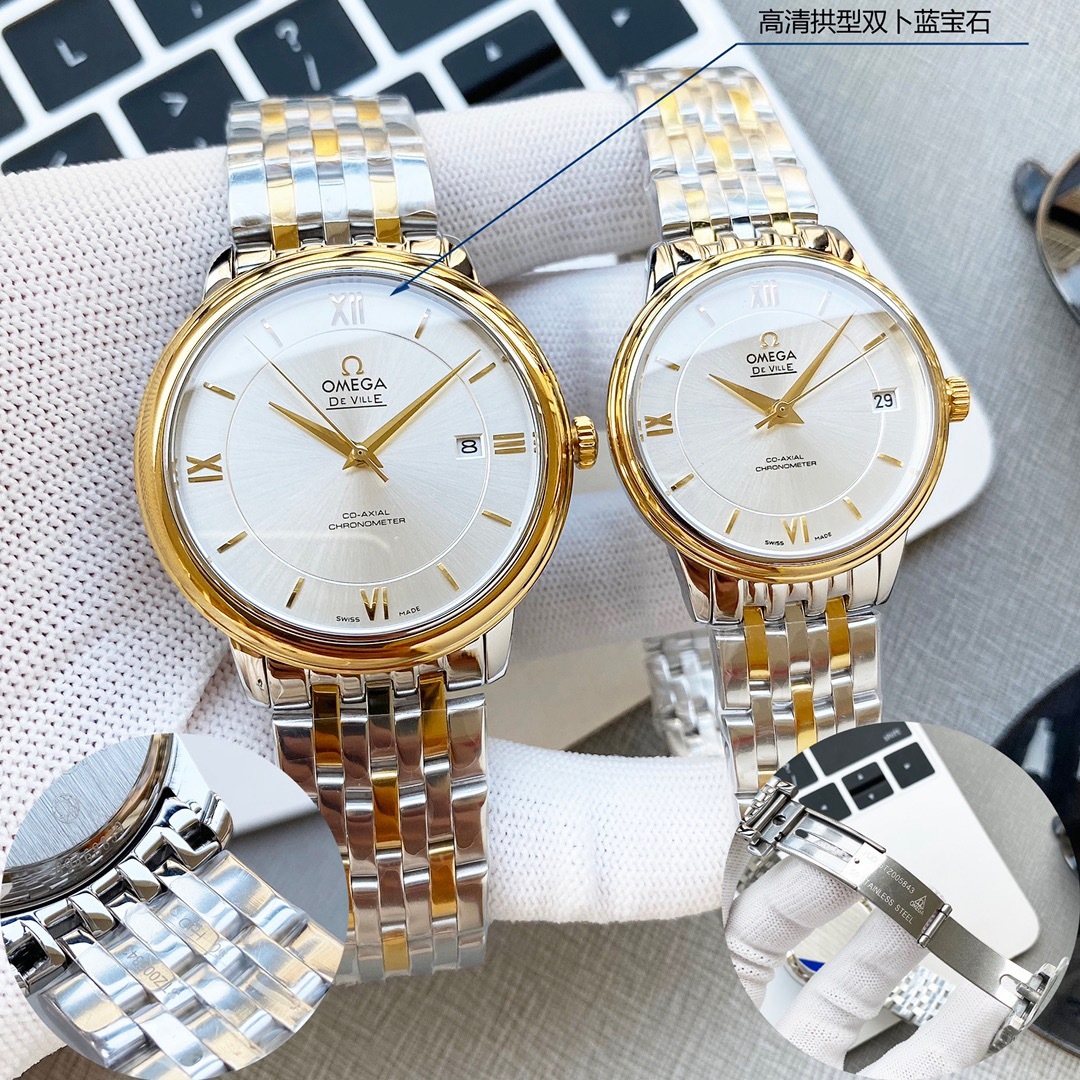 オメガ「Omega」デビル プレステージ カップルウォッチ メンズ39.5MM＆レディース32.7MM スチール＆レザーストラップ