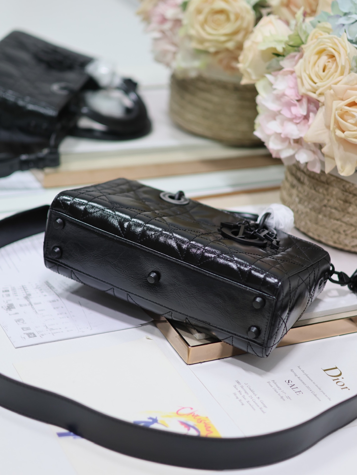 ディオール「Dior」スモール レディ ディオール マイABCDIOR ハンドバッグ ブラック クラッシュドレザー マキシカナージュ