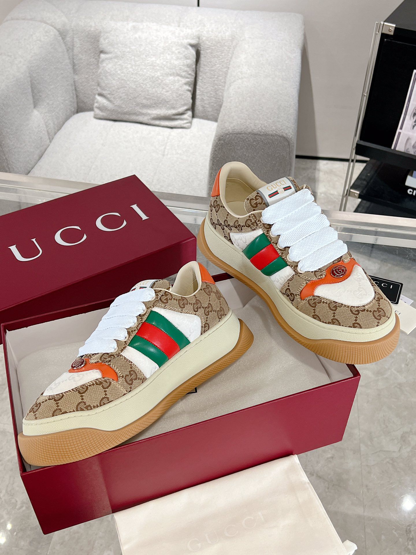 グッチ「Gucci」Screenerシリーズ 織り帯厚底スニーカー