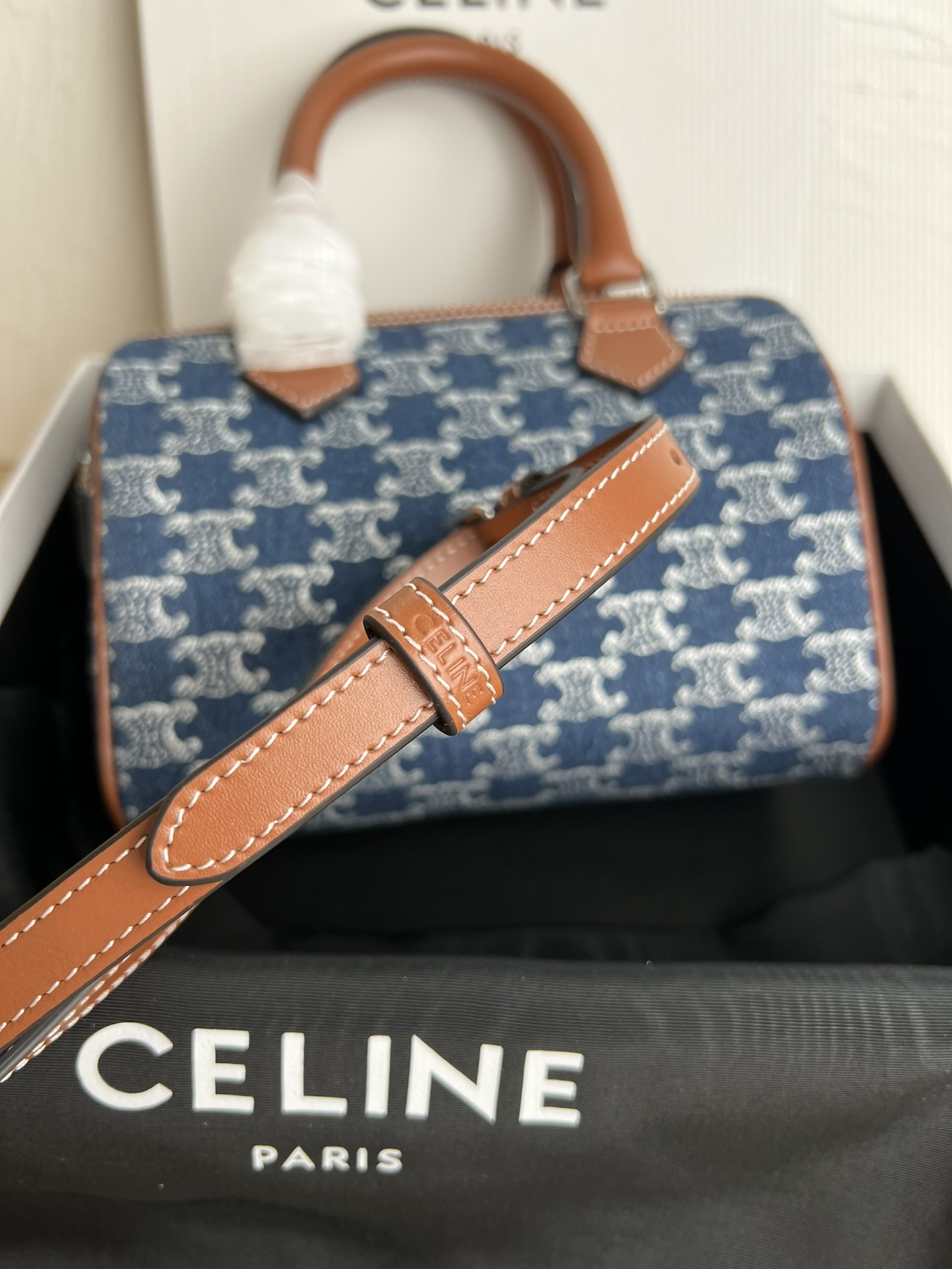 [Copy]セリーヌ(Celine)スモール ボストン / 全面トリオンフ デニム＆カーフスキン