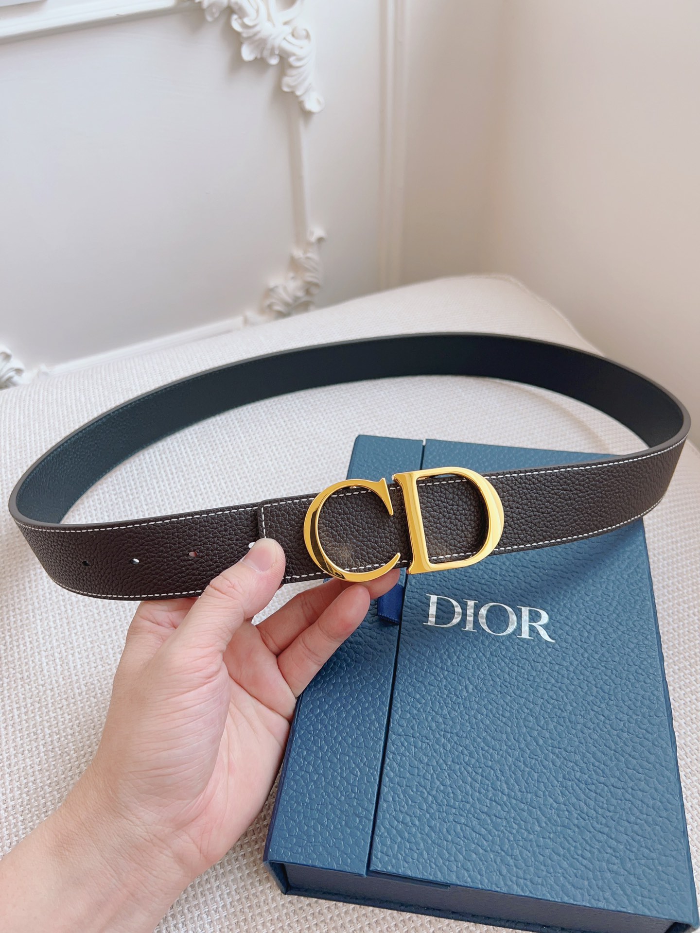 ディオール「Dior」Oblique ブラック レザー ベルト メンズ100CM