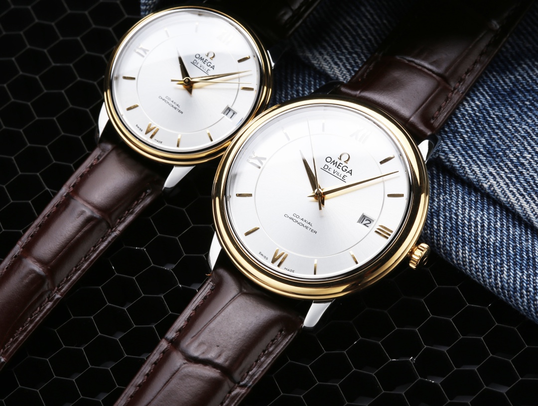 オメガ「Omega」デビル プレステージ カップルウォッチ メンズ39.5MM＆レディース32.7MM スチール＆レザーストラップ