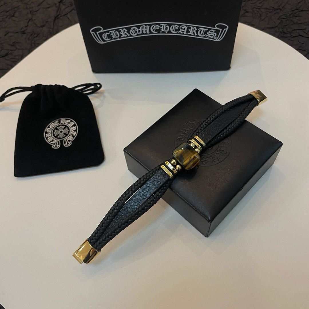 クロムハーツ「Chrome Hearts」Tiger Eye Leather Wrap Bracelet