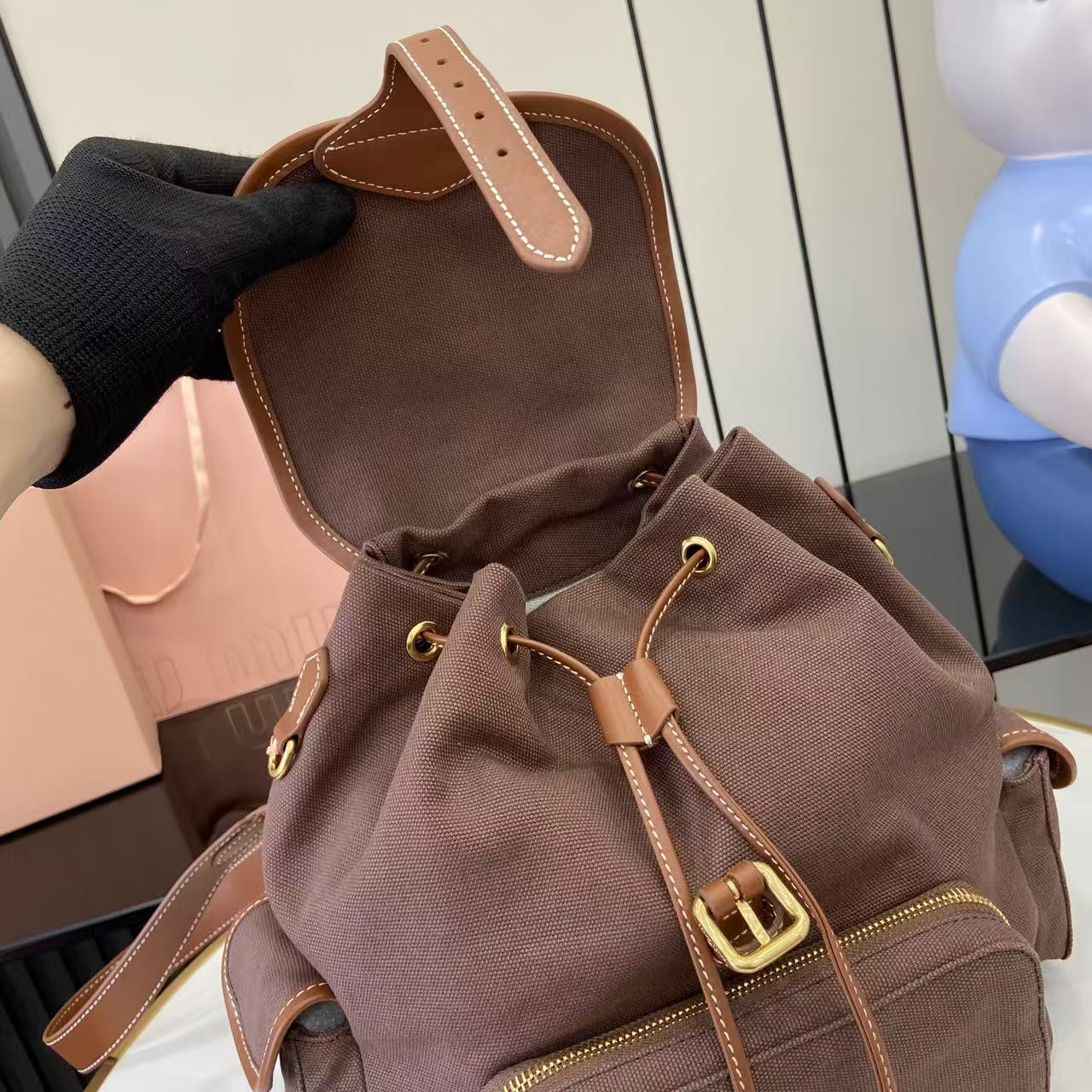 ミュウミュウ「Miu Miu」バックパック レザー＆キャンバス デュアルストラップ ショルダーバッグ