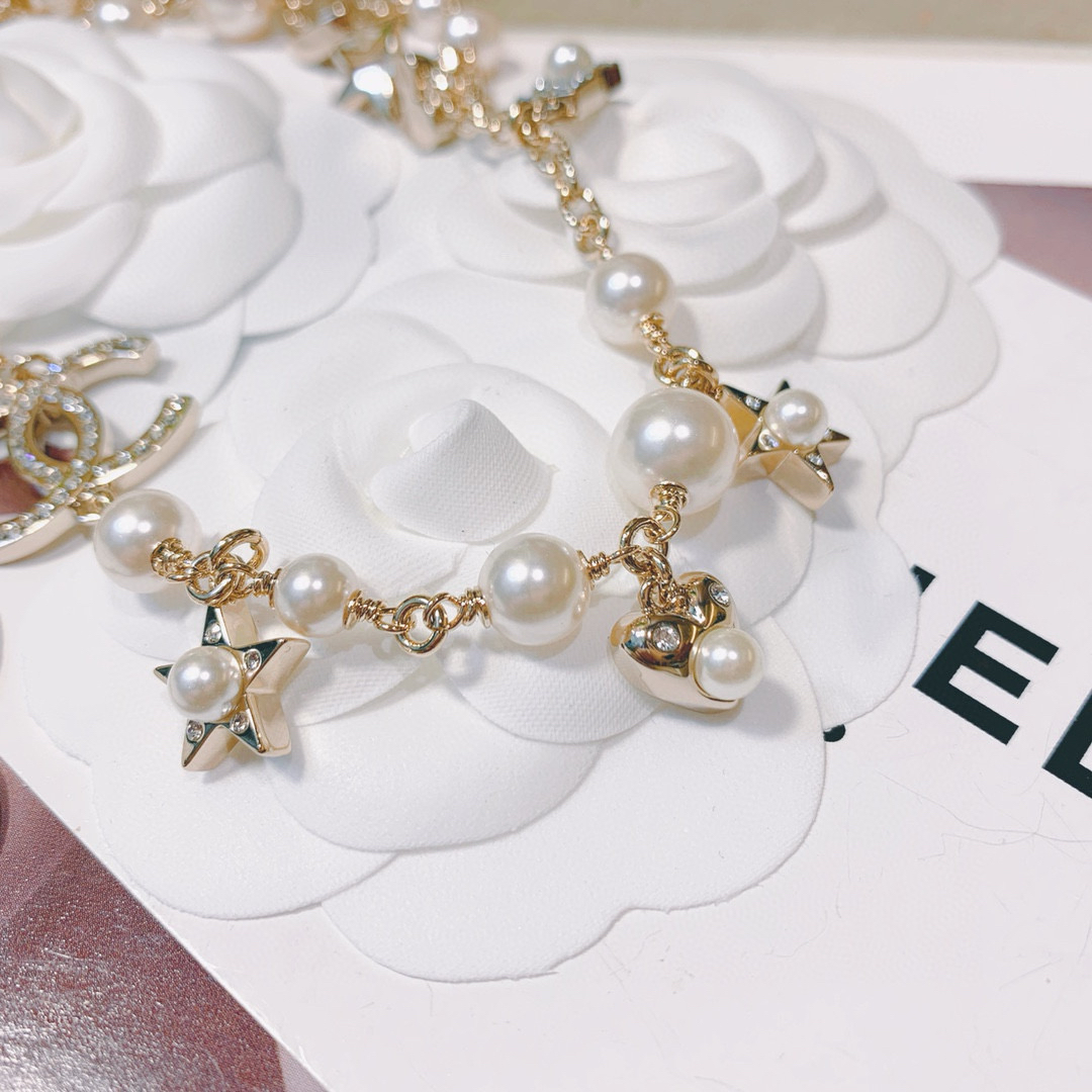 シャネル「Chanel」ハート ダブルC パール＆ダイヤモンド ネックレス38cm～42cm