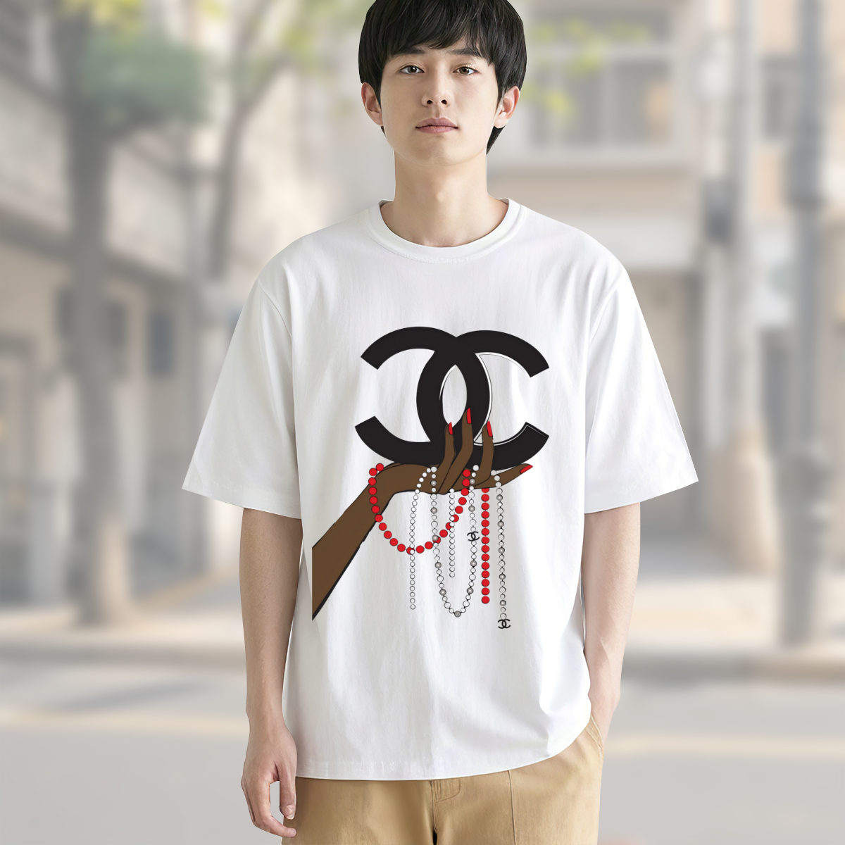大人気!Chanel Beaded Handシャネル CCブローチ ショートスリーブTシャツ / クルーネック