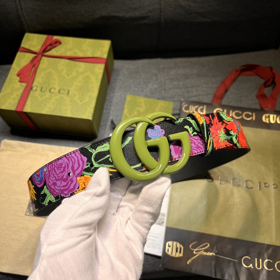 グッチ「Gucci」Ken Scott フローラル プリント GGバックル レザー ベルト100CM
