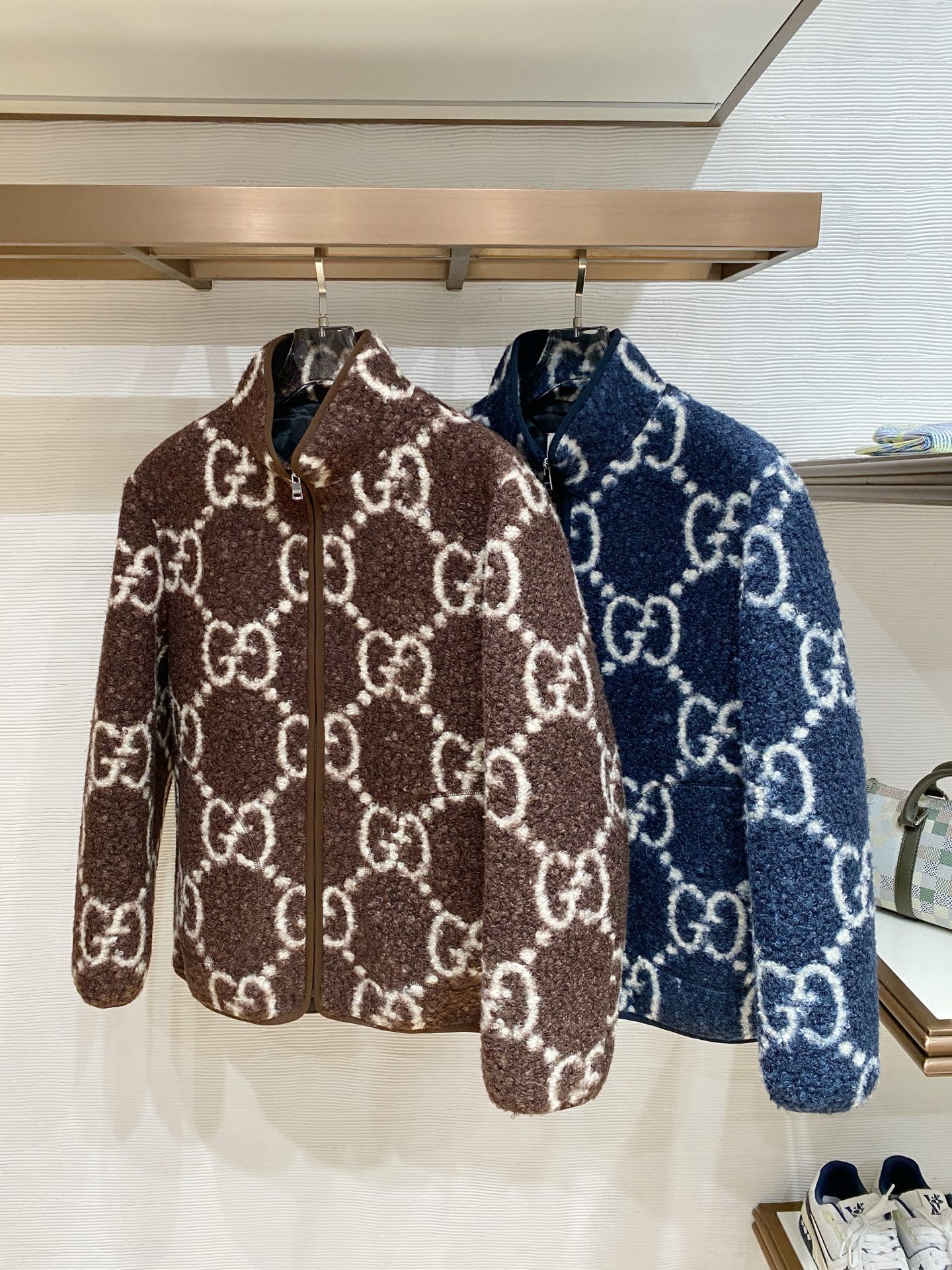 グッチ「Gucci」グッチ GGインターシャ ウールフリース ジップジャケット / スタンドカラー ボアアウター