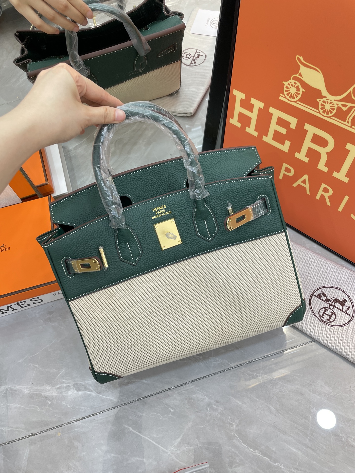 エルメス「Hermès」Birkin 30 ナパレザー×キャンバス ツートン ショルダーバッグ（シルバーハードウェア）