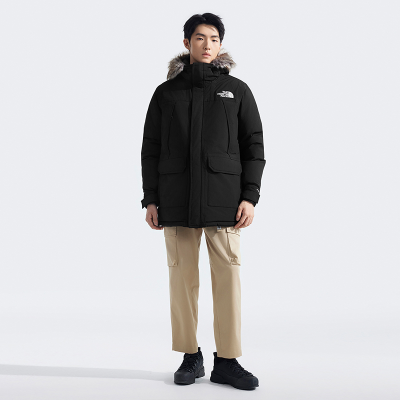 The North Face Mcmurdo メンズホワイトグースダウンロングジャケット。2024 年冬新作、アウトドア用防水保温機能付き