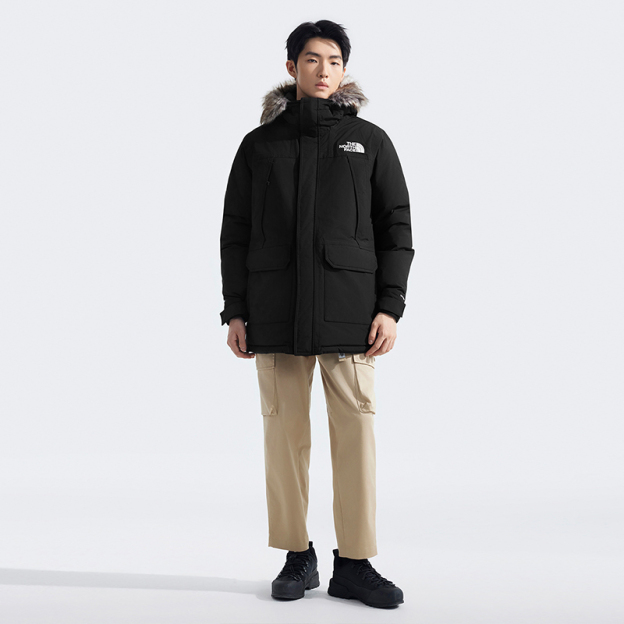 The North Face Mcmurdo メンズホワイトグースダウンロングジャケット。2024 年冬新作、アウトドア用防水保温機能付き
