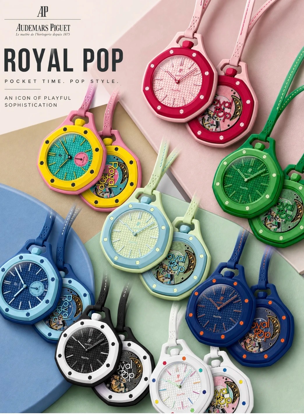 Audemars Piguet × Swatch Royal Pop コレクション – ロイヤルオークの遺伝子を受け継ぐ8色のバイオセラミック懐中時計