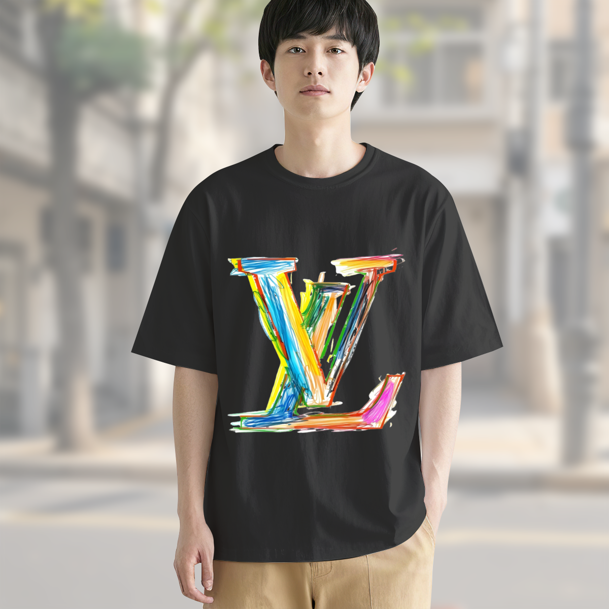 Hand-Drawn Colorful Yルイ・ヴィトン ロゴTシャツ / ショートスリーブ クルーネック
