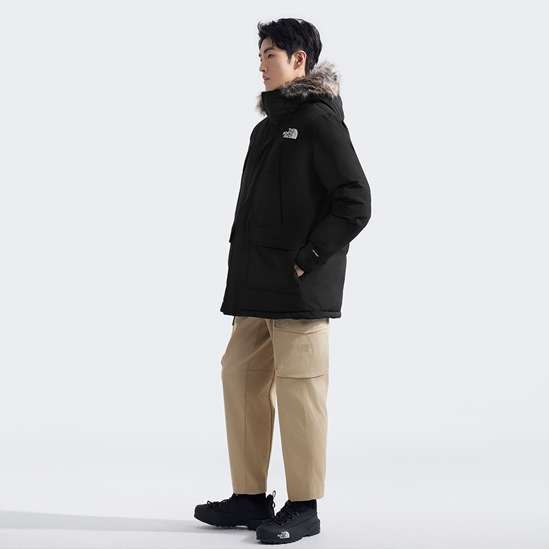 The North Face Mcmurdo メンズホワイトグースダウンロングジャケット。2024 年冬新作、アウトドア用防水保温機能付き