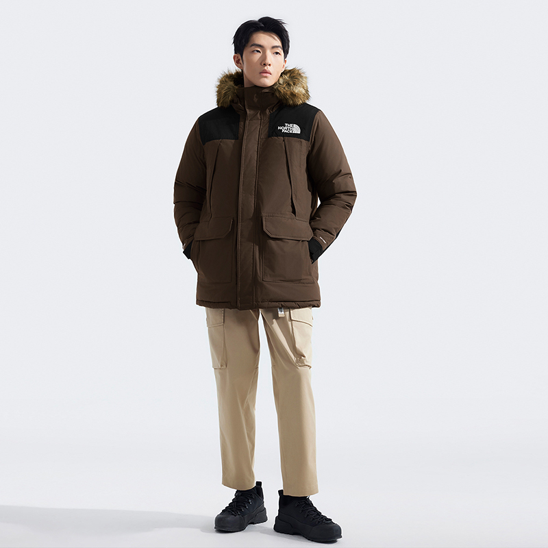 The North Face Mcmurdo メンズホワイトグースダウンロングジャケット。2024 年冬新作、アウトドア用防水保温機能付き