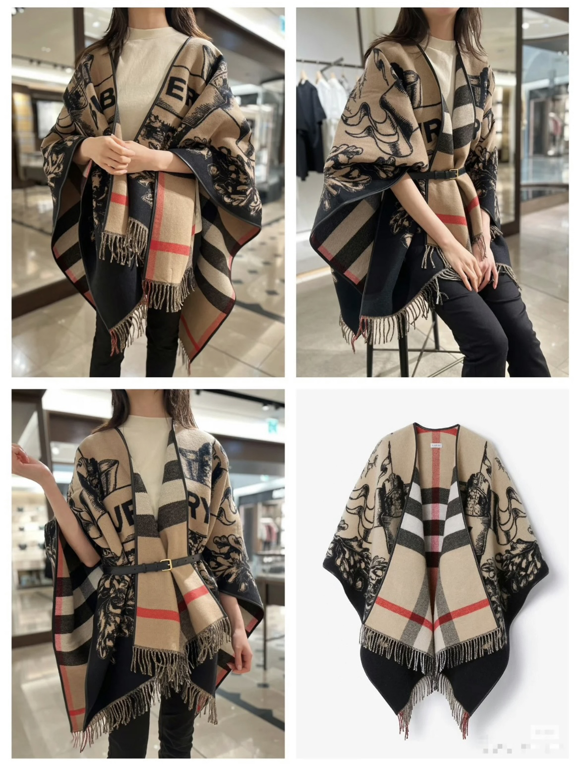 バーバリー「Burberry」リバーシブル EKD チェック ウールケープ 140x140cm