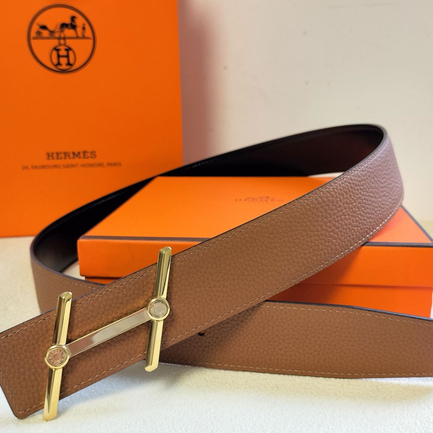 エルメス「Hermès」Jumbo Belt Buckle & ダブルフェイスレザーベルト100cm