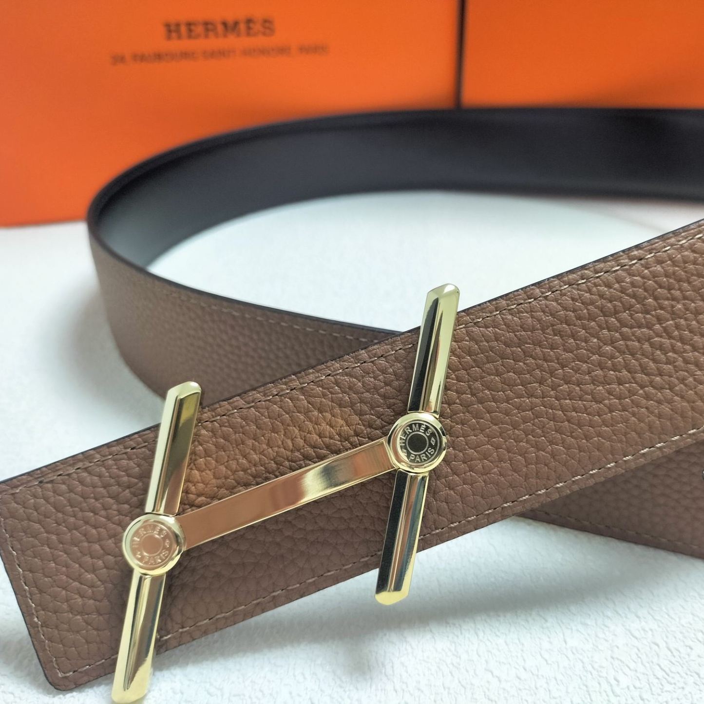 エルメス「Hermès」Jumbo Belt Buckle & ダブルフェイスレザーベルト100cm