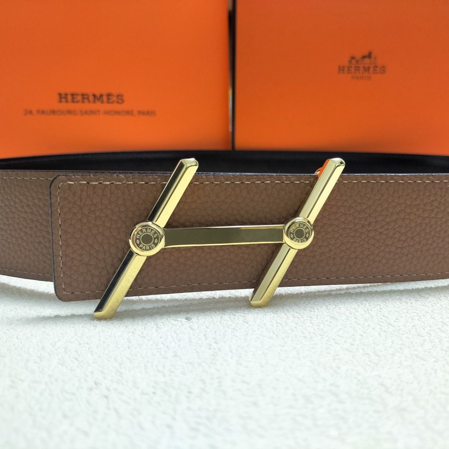 エルメス「Hermès」Jumbo Belt Buckle & ダブルフェイスレザーベルト100cm