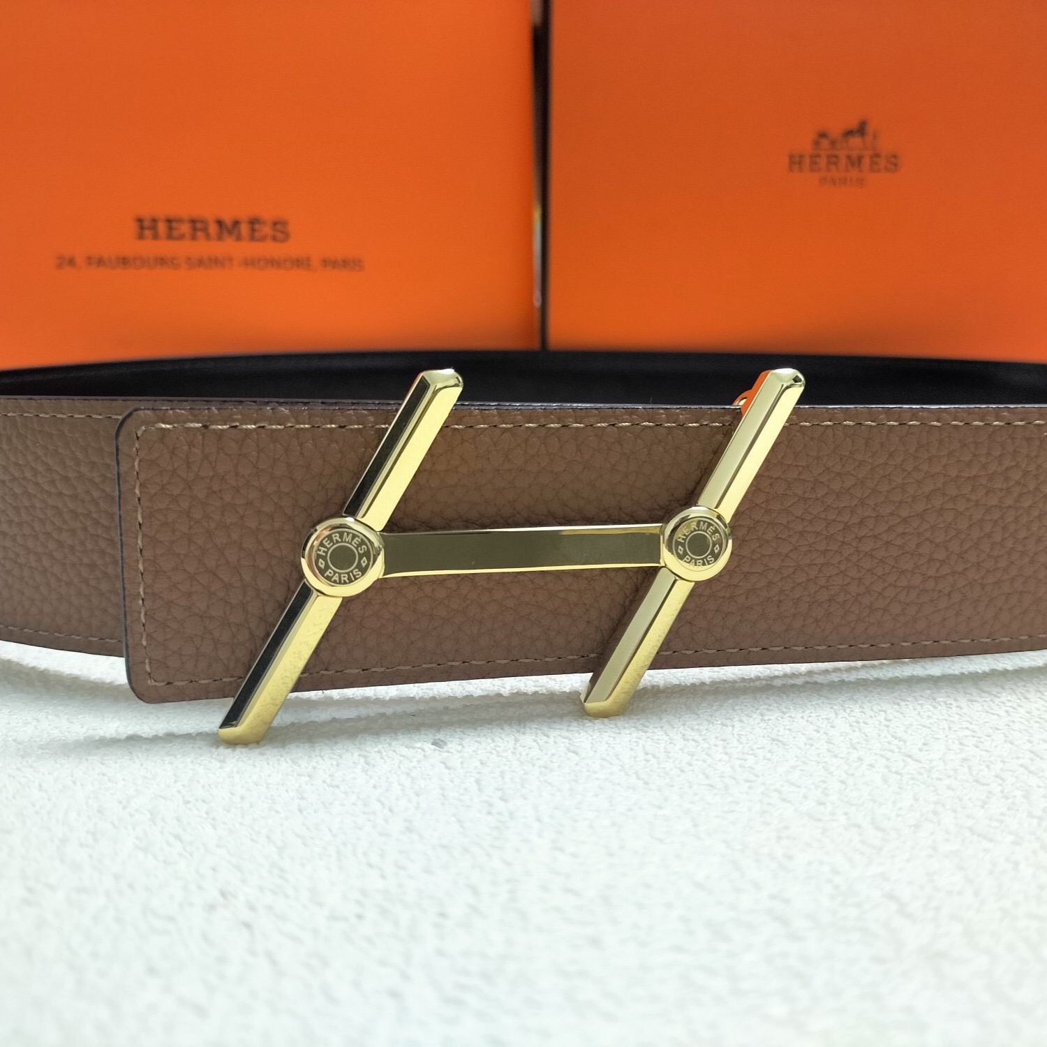 エルメス「Hermès」Jumbo Belt Buckle & ダブルフェイスレザーベルト100cm