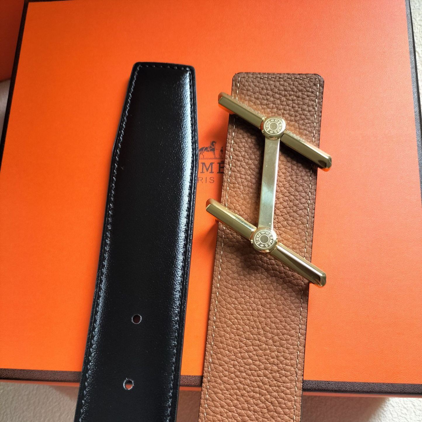 エルメス「Hermès」Jumbo Belt Buckle & ダブルフェイスレザーベルト100cm