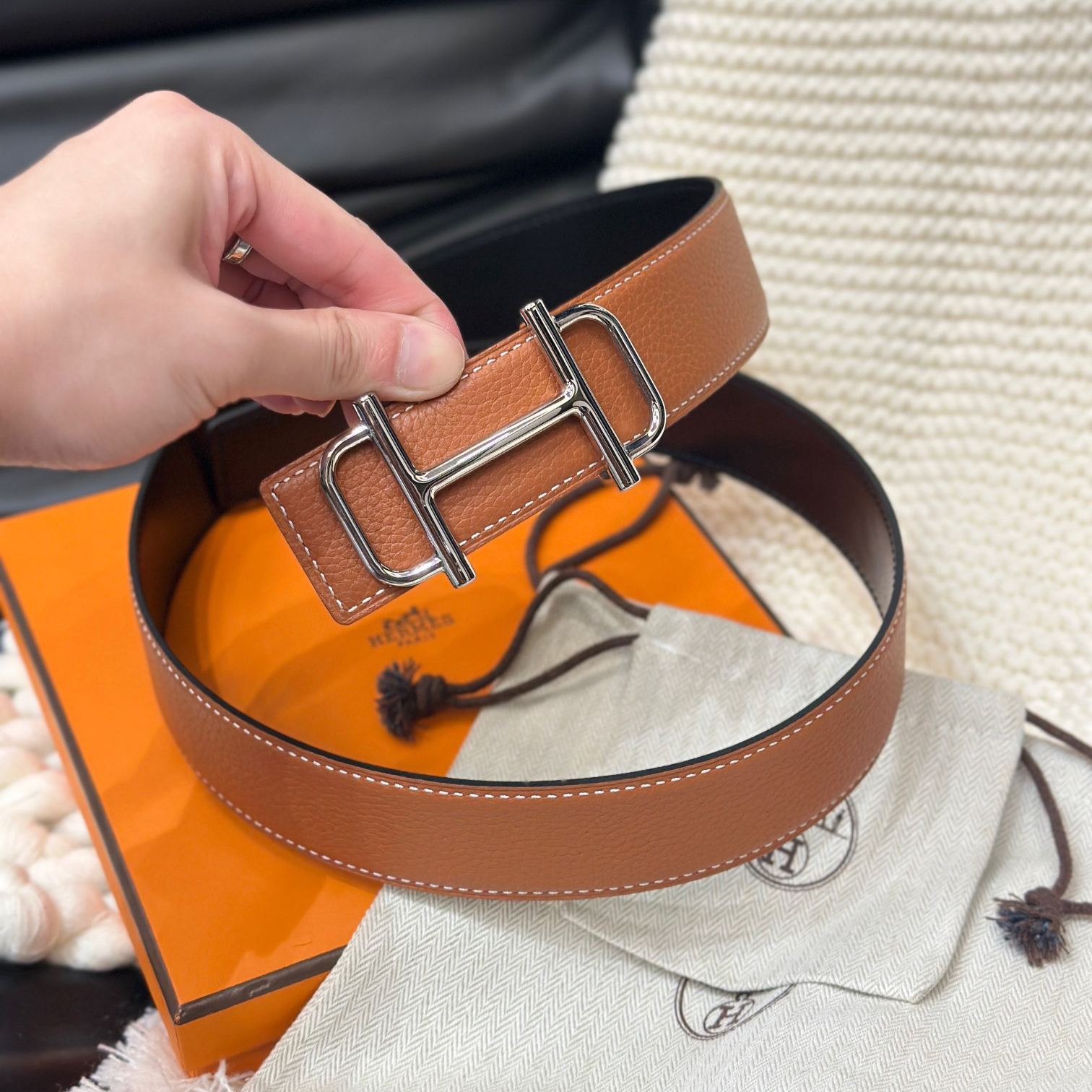 エルメス「Hermès」Jumbo Belt Buckle & ダブルフェイスレザーベルト100cm