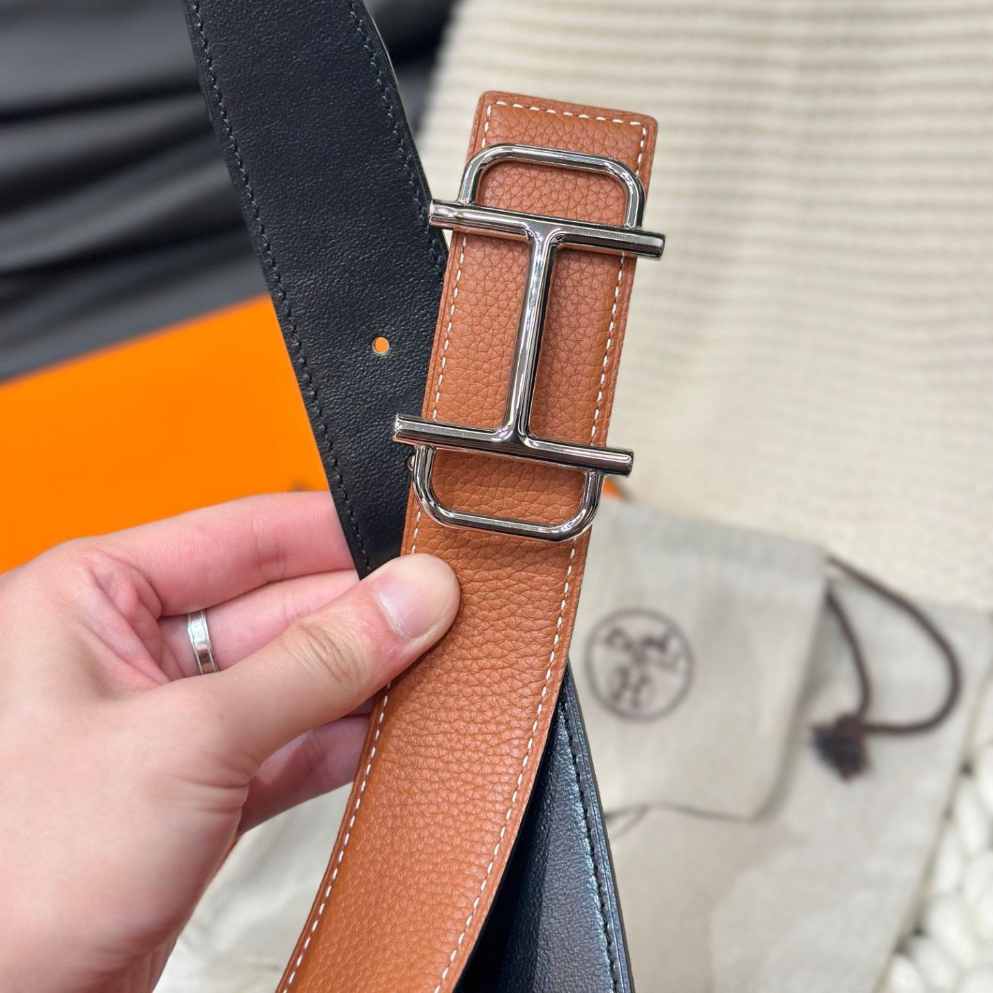 エルメス「Hermès」Jumbo Belt Buckle & ダブルフェイスレザーベルト100cm