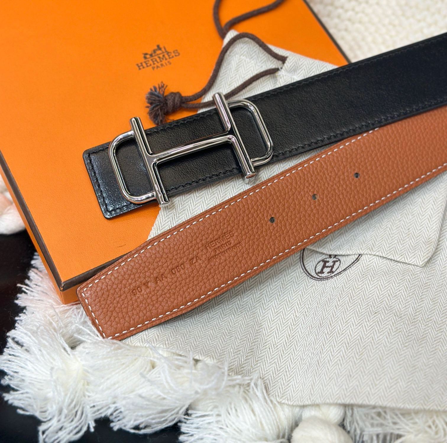 エルメス「Hermès」Jumbo Belt Buckle & ダブルフェイスレザーベルト100cm