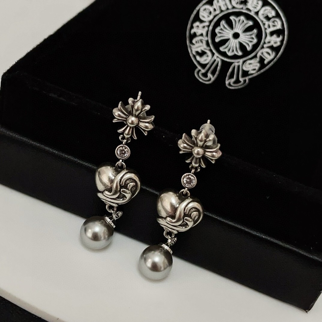 クロムハーツ「Chrome Hearts」クロムハーツ クロス&ハートパールピアス S925 ピアス