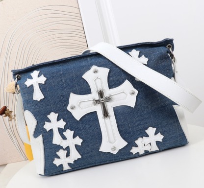 クロムハーツ「Chrome Hearts」クロスデニム レザーショルダーバッグ 45×25×12cm
