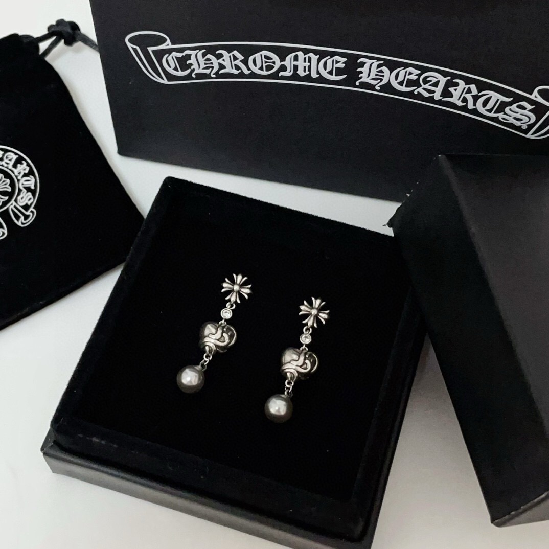 クロムハーツ「Chrome Hearts」クロムハーツ クロス&ハートパールピアス S925 ピアス