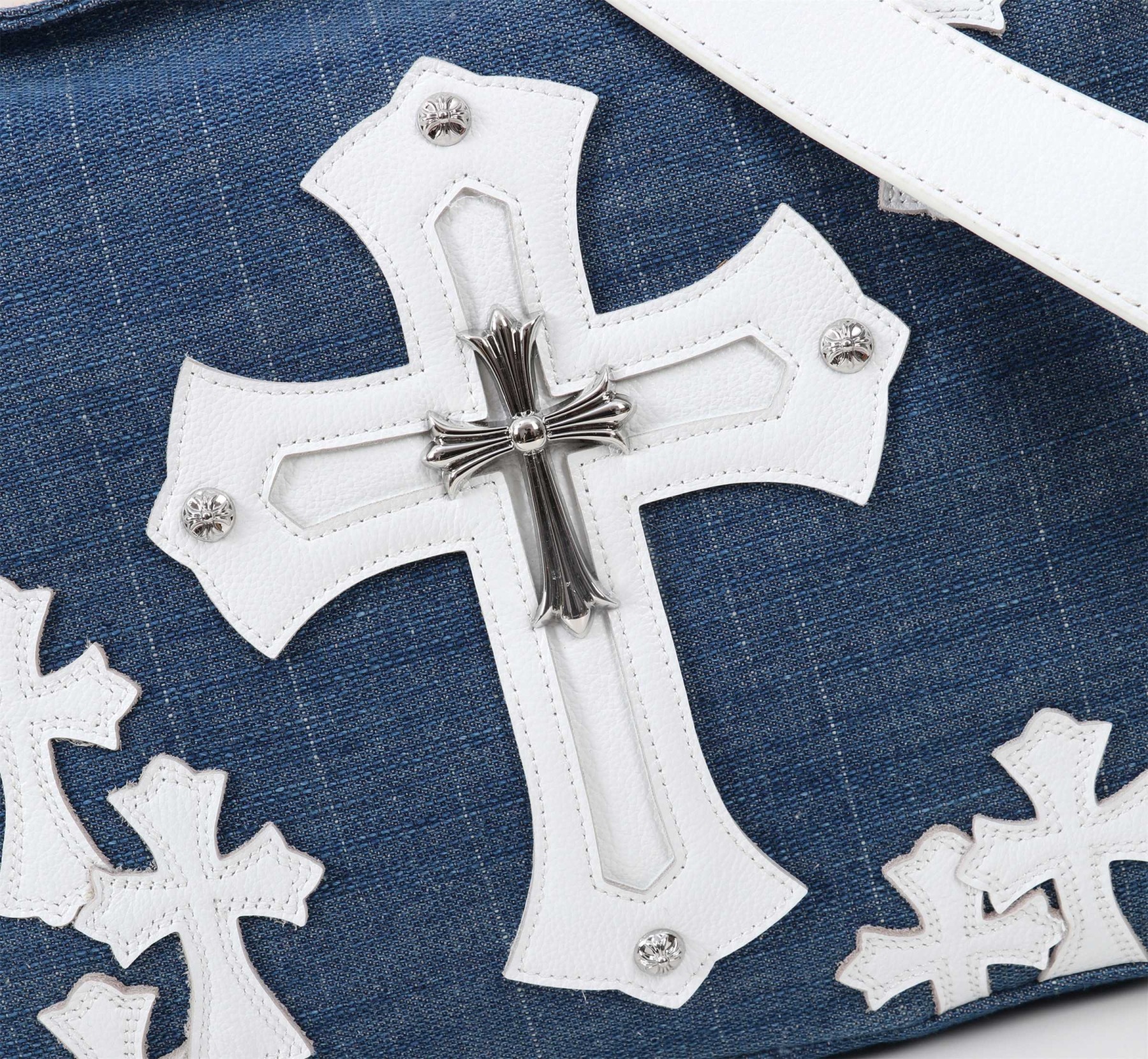 クロムハーツ「Chrome Hearts」クロスデニム レザーショルダーバッグ 45×25×12cm