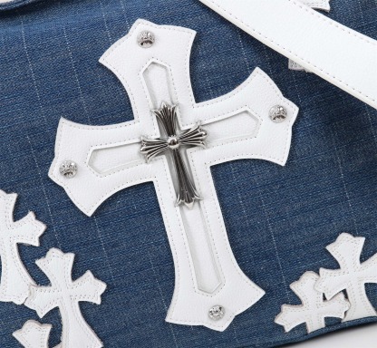 クロムハーツ「Chrome Hearts」クロスデニム レザーショルダーバッグ 45×25×12cm