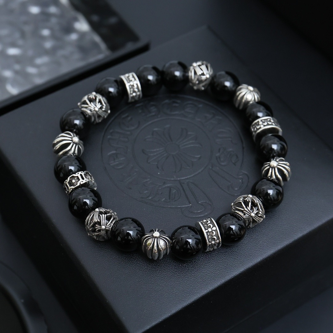 クロムハーツ「Chrome Hearts」ナチュラルビーズ＆シルバー ストレッチブレスレット