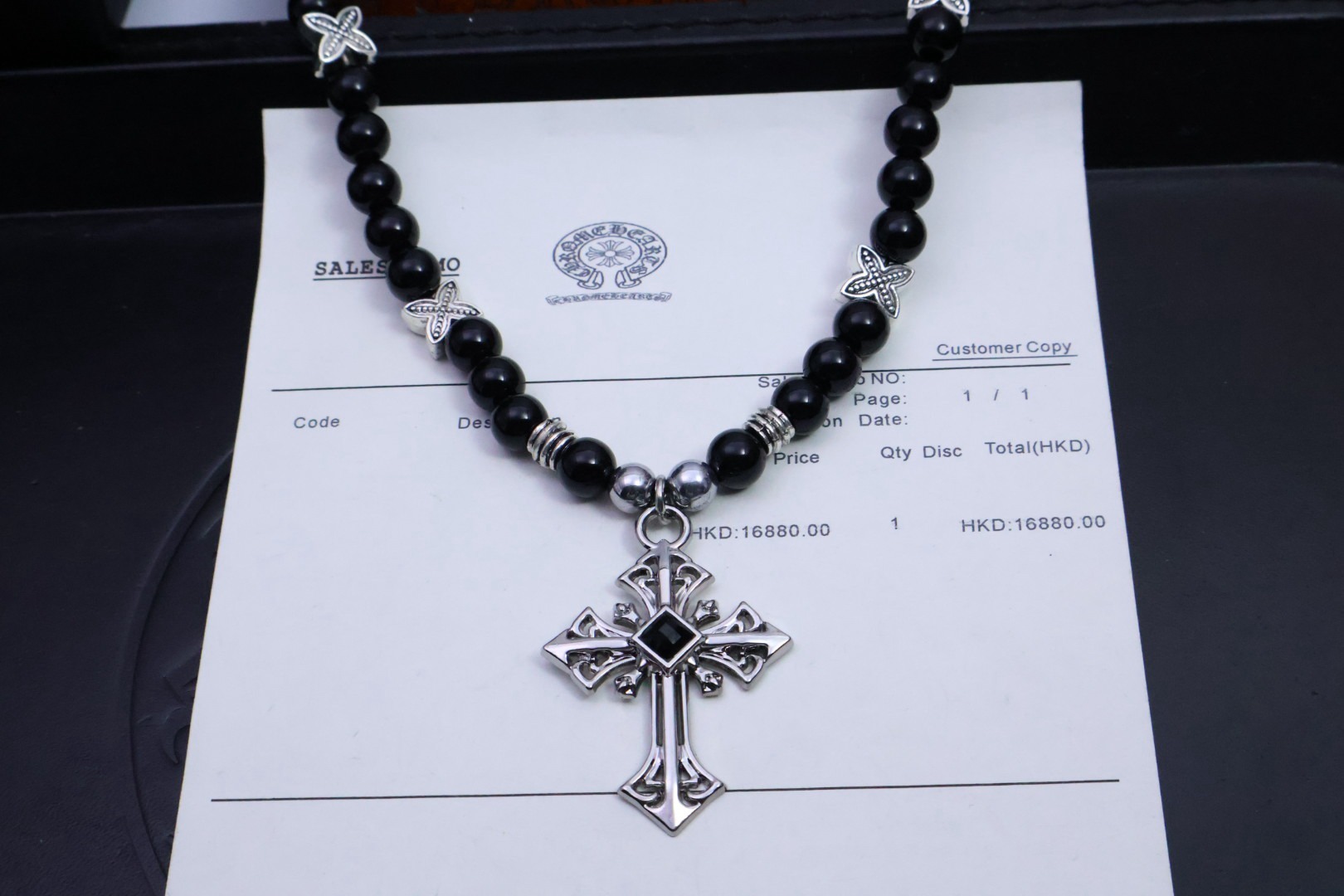 クロムハーツ「Chrome Hearts」ブラックビーズクロス ペンダントネックレス