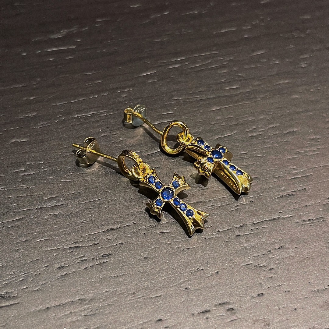 クロムハーツ「Chrome Hearts」クロムハーツ 22Kゴールドメッキブルーダイヤクロスピアス S925 ピアス