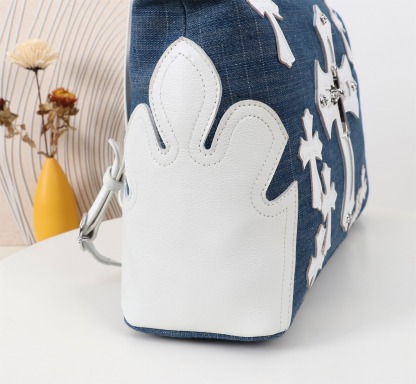 クロムハーツ「Chrome Hearts」クロスデニム レザーショルダーバッグ 45×25×12cm