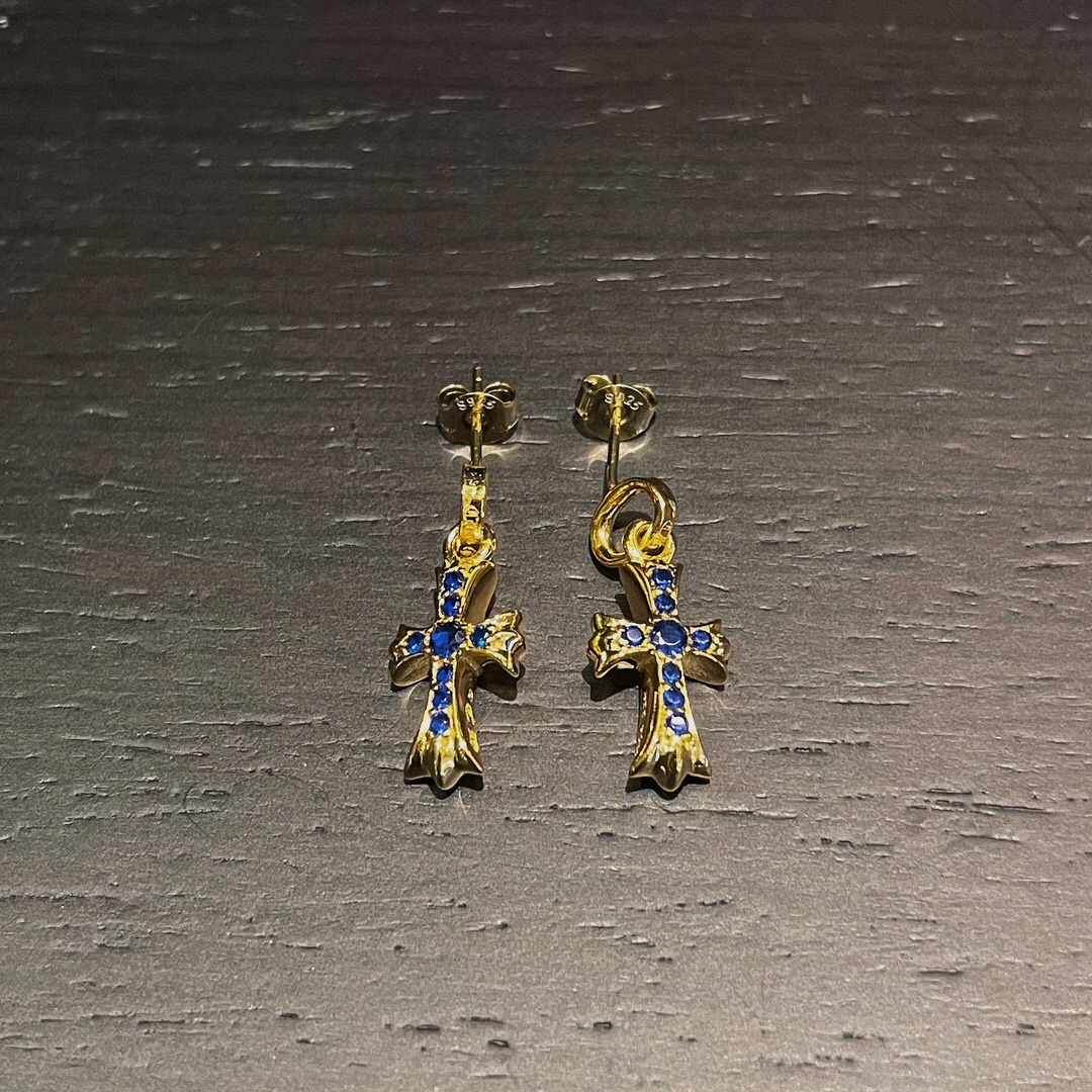 クロムハーツ「Chrome Hearts」クロムハーツ 22Kゴールドメッキブルーダイヤクロスピアス S925 ピアス