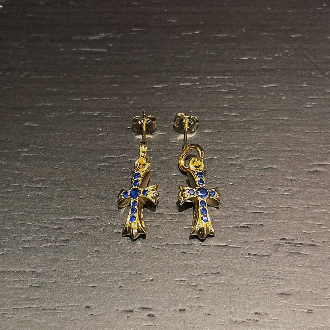 クロムハーツ「Chrome Hearts」クロムハーツ 22Kゴールドメッキブルーダイヤクロスピアス S925 ピアス