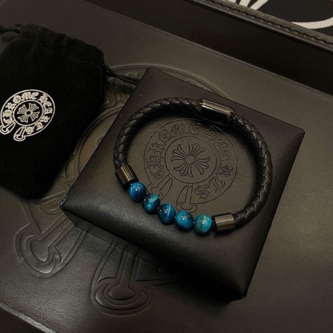 クロムハーツ「Chrome Hearts」Blue Tiger Eye & Gothic Cross Cuff Bracelet