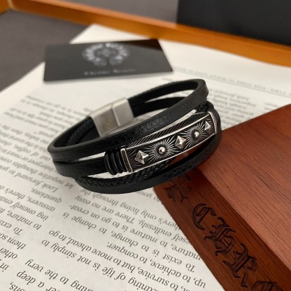 クロムハーツ (Chrome Hearts)クロム ハーツ レーザー レザー クロス フラワー ブレスレット