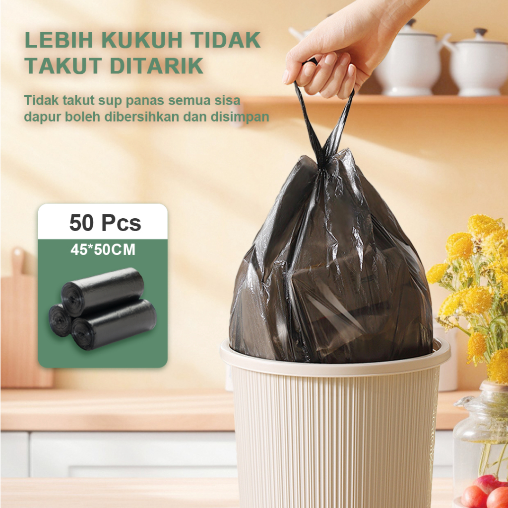 【50pcs】Drawstring garbage bag Household Thickened Large Automatic Closing Plastic Rubbish Beg Sampah