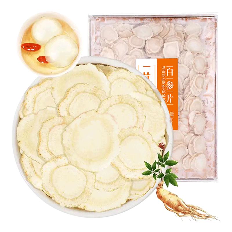 Changbai Mountain Ginseng, White Ginseng Slices, Acrylic Box, 100g/Box,  φ1.2 - 1.4